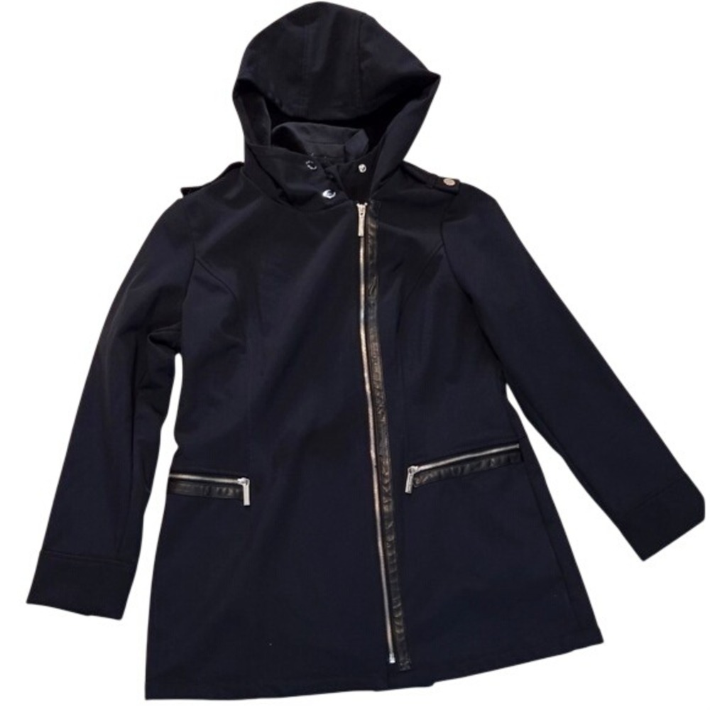 Michael‎ Kors Black Hooded Softshell Coat Faux Leather Trim Women's Size L